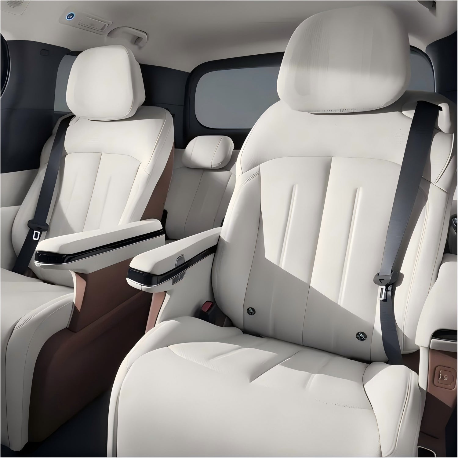 Automotive faux leather applied on luxury car seats with white and brown interior, demonstrating durability and premium texture